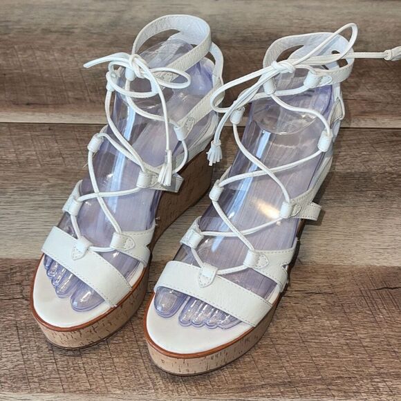 Frye Womens Heather Lace Up Tassel Cork Wedge Gladiator Sandals White Tan Size 6 - Picture 2 of 11
